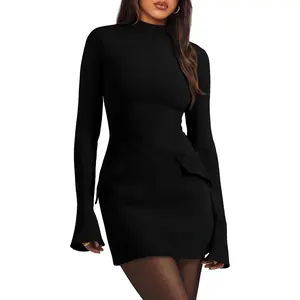 Fall Long Sleeve Mock Neck Dress Basic Party Club Bodycon Mini Dresses in Black with Flared Cuffs Sheer Lace Crew Neck T-Shirt Square Shirred Gingham Maxi Warm Pink Fleece Winter Overalls Ruched Midi Valentine's Day Heart Print Jumpsuit Soft Knitted Night