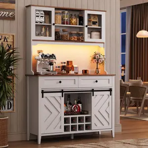 Modern Rattan Sideboard Buffet Cabinet, Black Console Table with Arched Rattan Doors, Metal Handles, 4-Door Storage with Fixed Shelf, Anti-Tip Device, for Dining Room/Kitchen/Living Room