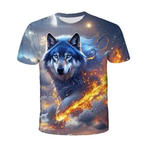 Unisex 3D Print Blue Wolf with Flaming Celestial Background T-Shirt – Ideal for Animal Lovers, Wolf Enthusiasts, Casual Wear, Outdoor Adventures, Festivals & Daily Styling
