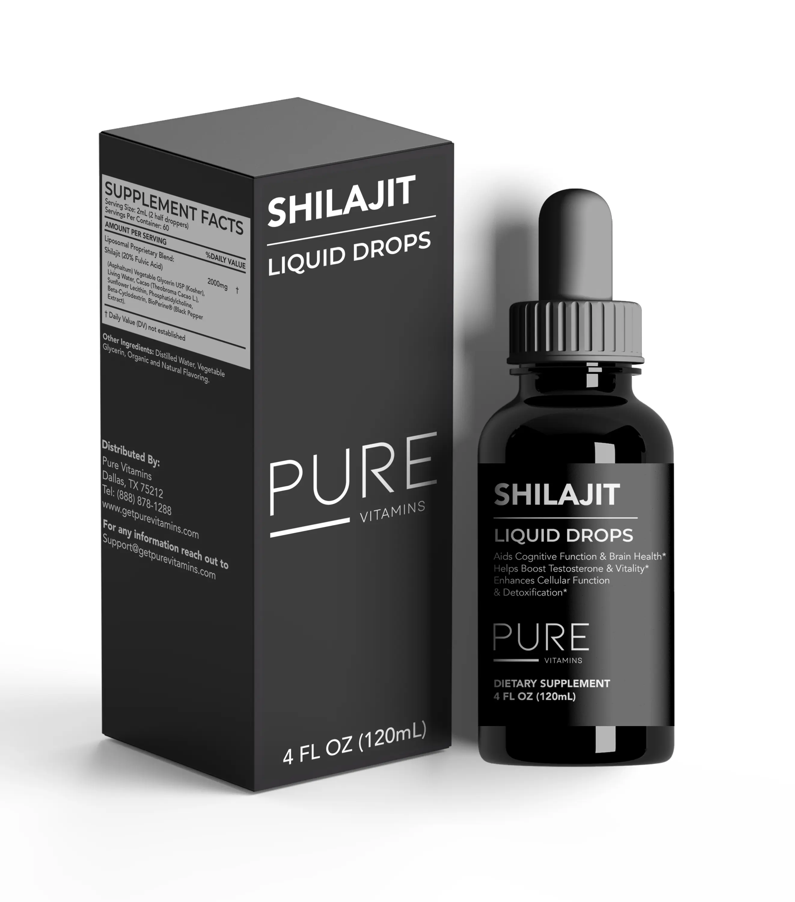 Pure Vitamins Shilajit Liquid Drops 2000 mg | 4 fl oz (120 mL) | Fulvic Acid & Trace Mineral Supplement | Vegan & Non-GMO | Made in USA