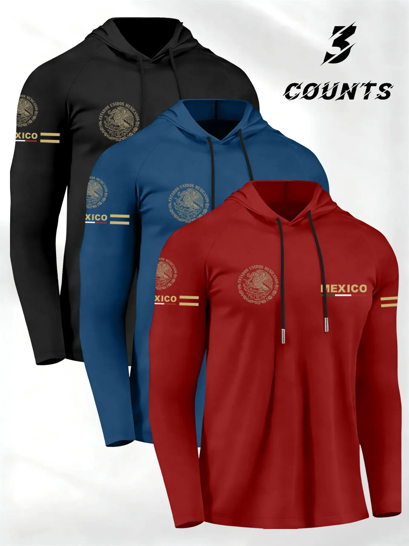 Men's Drawstring Hooded Long Sleeve Fitted T-Shirt 3 Pack, Mexican Coat of Arms Print, Comfortable Casual Daily Wear, Perfect Gift, Hooded Top