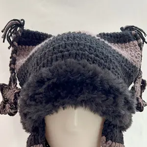 Unisex Warm Knitted Hat Soft Thick Winter Beanie With Faux Fur Lining Stylish Ear Flaps Tassels For Cold Weather Outdoor Use