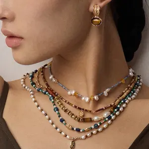 Willismay Amber Pearl Blue Bead Choker Necklace | Freshwater Pearl Jewelry