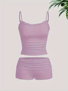 Women's Basic Solid Cami Top & Shorts Two-piece Set, Lightweight Casual Fit Sleeveless Top & Shorts for Summer, Ladies Clothes for Daily Wear Womenswear