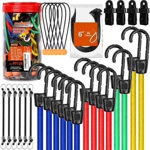 HORUSDY 31-Piece Premium Bungee Cords Assortment Jar, Includes 10”,18”,24”,32”,40” Bungee Cords, 6“ Zip Ties, 8”Canopy/Tarp Ball Ties and Crocodile Mouth Tarp Clips