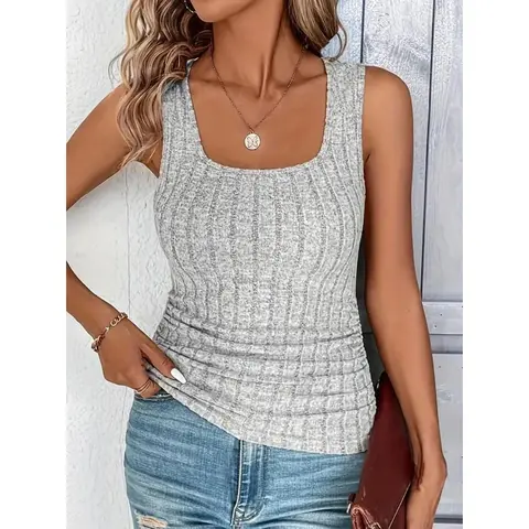 Solid Square Neck Tank Top, Versatile Sleeveless Slim Top For Spring & Summer, Women's Clothing Casual Fashion Womenswear Chic Dress Elastic trending tops fit Lightweight