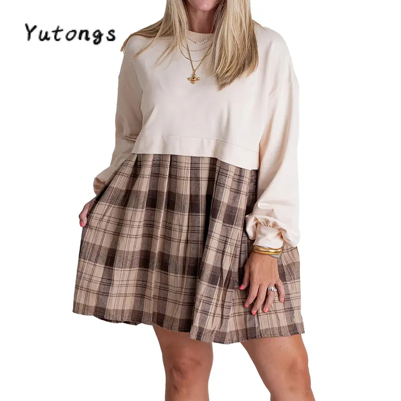 TikTokShopBlackFriday Women Autumn Short T-shirt Dress Long Sleeve Round Neck Plaid Print Patchwork Dress