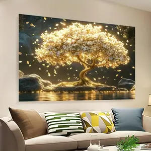 1pc 2D Flat Golden Life Tree Wall Hanging - Elegant Polyester Art with Glowing White Flowers & Falling Leaves, Perfect for Parties, Game Nights, Birthdays - No Electricity Needed, Party Decorat Ornaments Decoration