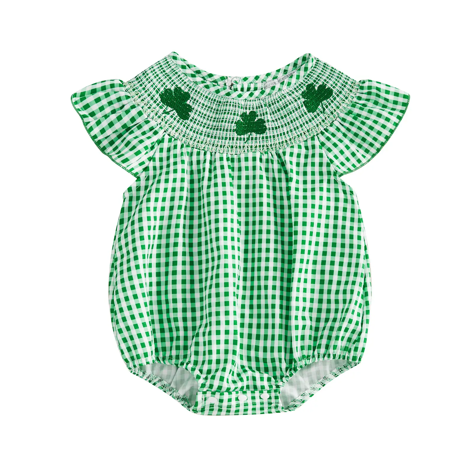 St Patricks Day Newborn Baby Girl Plaid Smocked Bubble Romper Shamrock Embroidery Fly Sleeve Onesie Bodysuit Irish Day Spring Summer Outfits