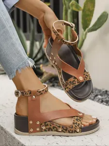 Women's Summer Casual Round Toe Thick Sole Hollow Out Wedge Leopard Print Sandals, PU Leather Upper Rubber Sole, Plus Size Comfort Shoes