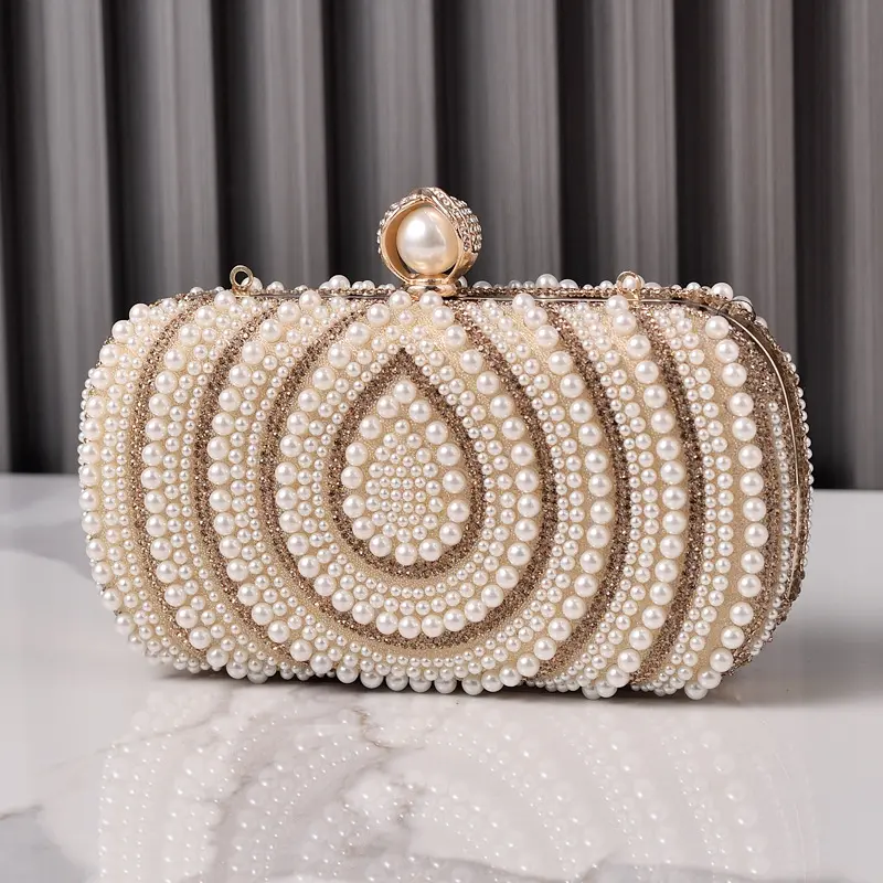 Elegant Pearl Clutch Bag with Rhinestones and Gold Trim for Women's Events