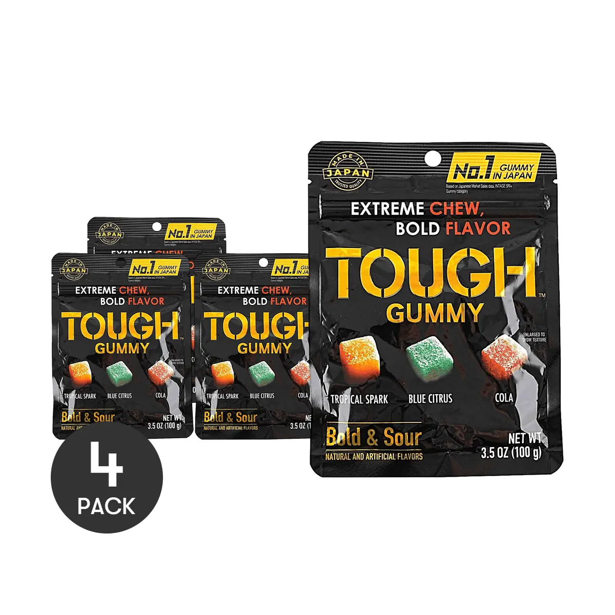 4 Pack Kabaya Tough Gummy Japan Tropical Citrus Cola Flavors 100g Each - Sour Sweet Chewy Candy