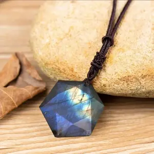 Natural Labradorite Stone Hexagonal Crystal Pendant Healing Reiki Men Women Gemstone Necklace Protection Gift