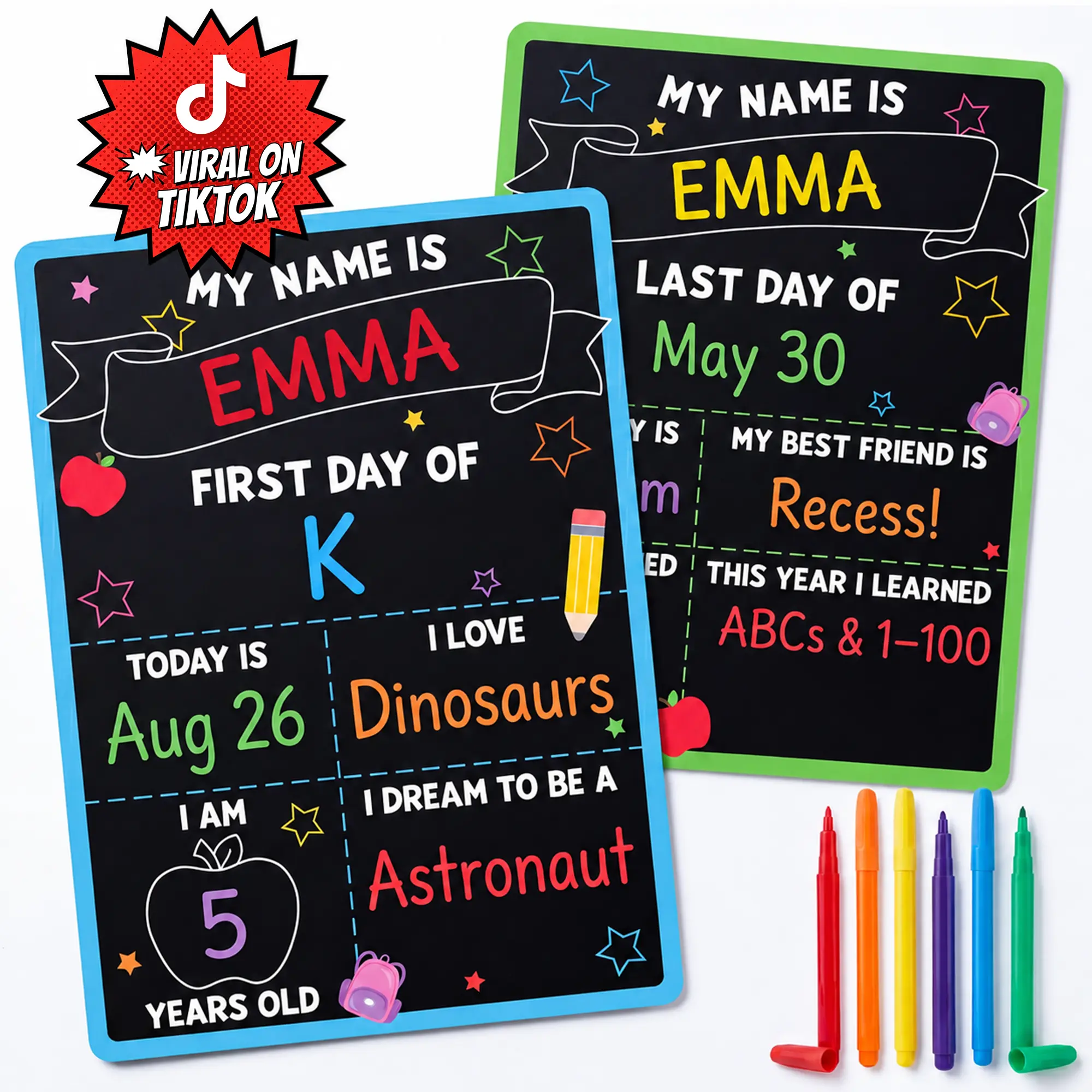 First Day Of School Sign Board, 10x14 Double-Sided First & Last Day School Sign, Reusable Back to School Photo Prop Set For Preschool Kindergarten Kids, Pencil Flag & Chalk Marker Included