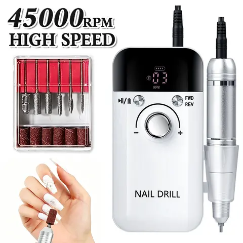 45000RPM Precision Wireless Rechargeable Power Nail Drill Machine, Low Vibration Electric File with Basic Nail Tools & Clippers, Flawless Manicure/Ped Care for Home & Salon Use