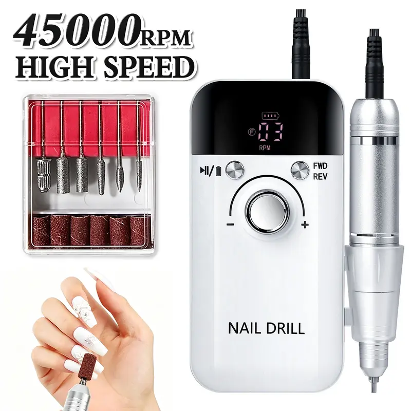 45000RPM Precision Wireless Rechargeable Power Nail Drill Machine, Low Vibration Electric File with Basic Nail Tools & Clippers, Flawless Manicure/Ped Care for Home & Salon Use