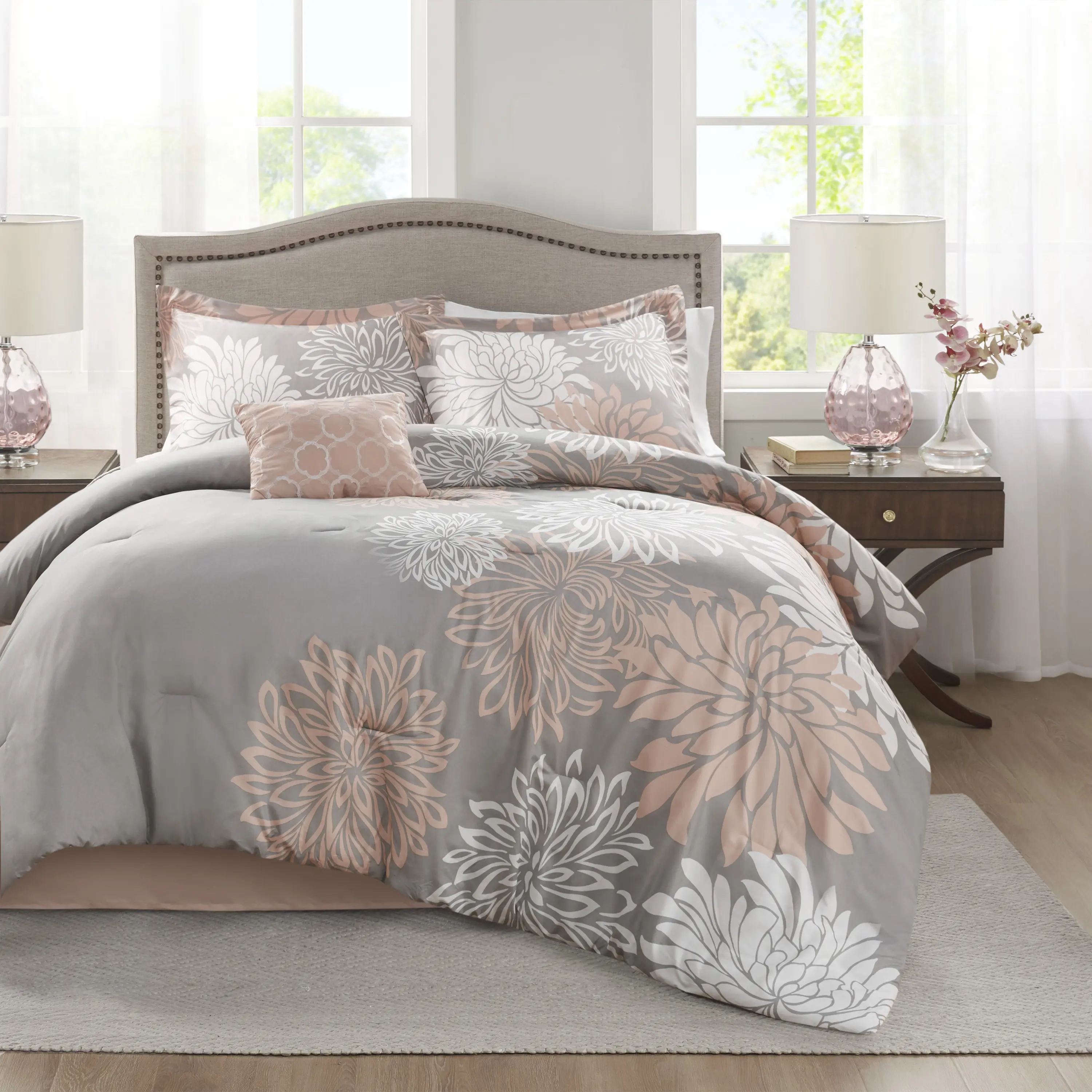 Queen Comforter Set, 5-Piece Hypoallergenic Polyester Floral Bedding Set - Breathable All-Season Bedding with Shams, Bedskirt & Decorative Pillow for Bedding Decor