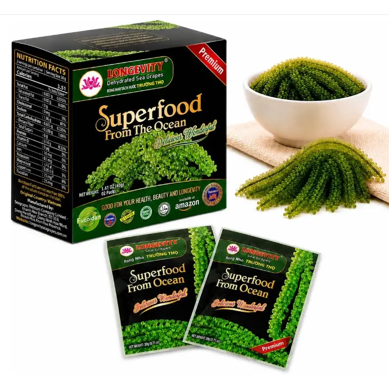 LONGEVITY Dehydrated Sea Grapes Lato 1.4oz, 2-Pack, Umibudo Seaweed Caviar | 100% Organic Sea Grapes, Crispy & Popping, Low-Calorie Snack, Vegan, Keto, Versatile Sushi & Salad Topping, Quick & Easy Prep