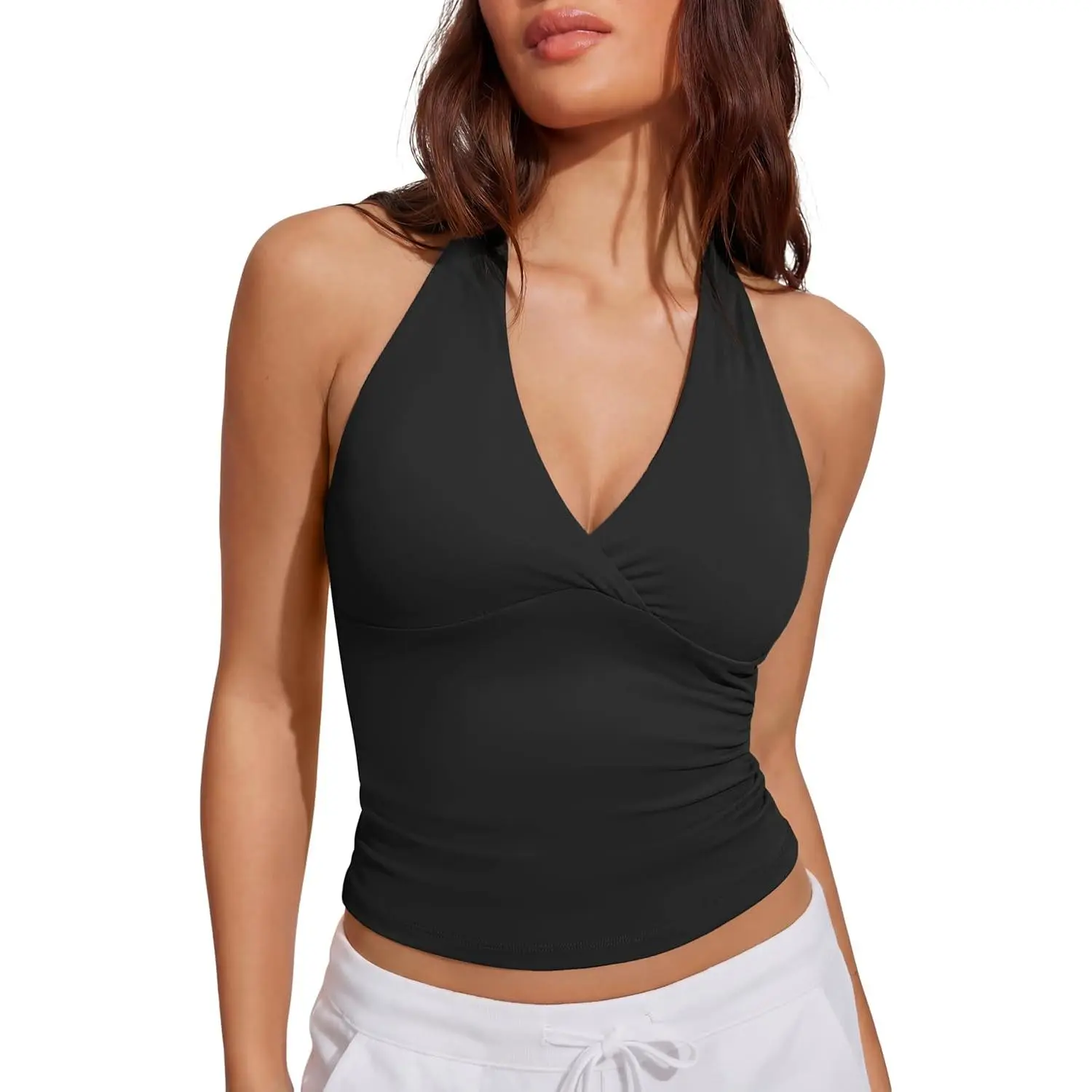 SUUKSESS Women Halter Backless Tank Tops with Built in Bra Double Lined V Neck Y2k Going Out Tops