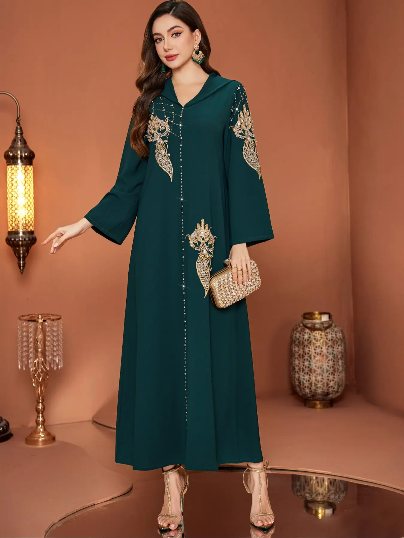 Women's Hooded Dark Rhinestone Embellished Patchwork Casual Islamic Abaya Long Robe, Fitted Long Sleeve, Elegant All Seasons Wear, Elegant Islamic Clothing