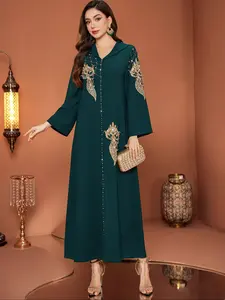 Women's Hooded Dark Rhinestone Embellished Patchwork Casual Islamic Abaya Long Robe, Fitted Long Sleeve, Elegant All Seasons Wear