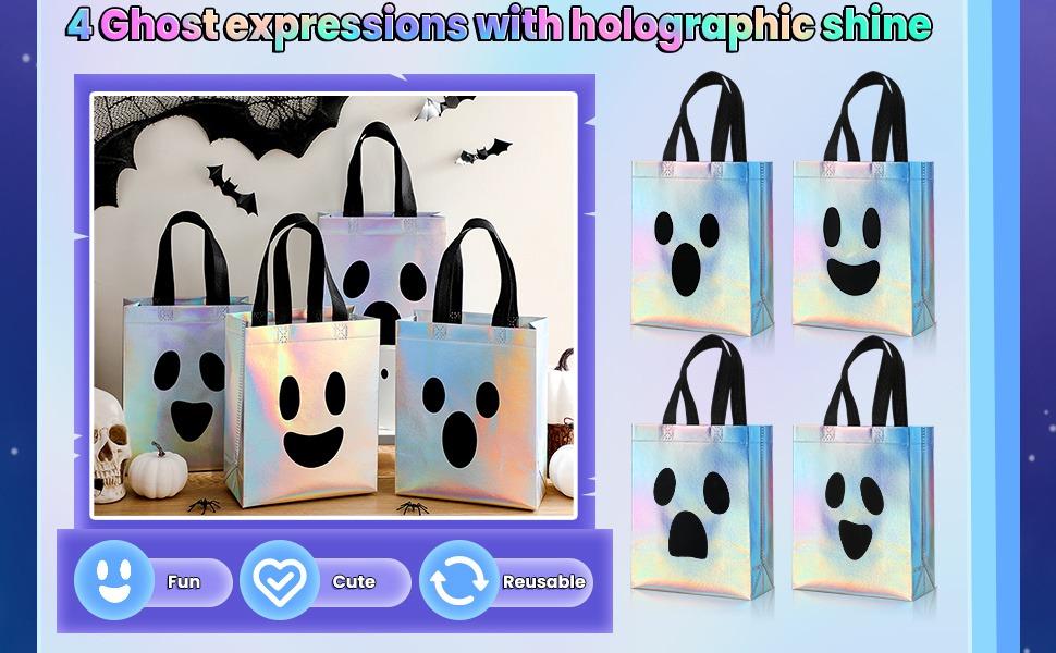 24Pcs Halloween Candy Bucket Holographic Gift Bags Halloween goodie Bags Halloween Candy Bags Party Goodie Bags with Ghost Pumpkin Trick or Treat Bags for Teacher Students Office Employee Coworker,Halloween Birthday Party Favor Supplies