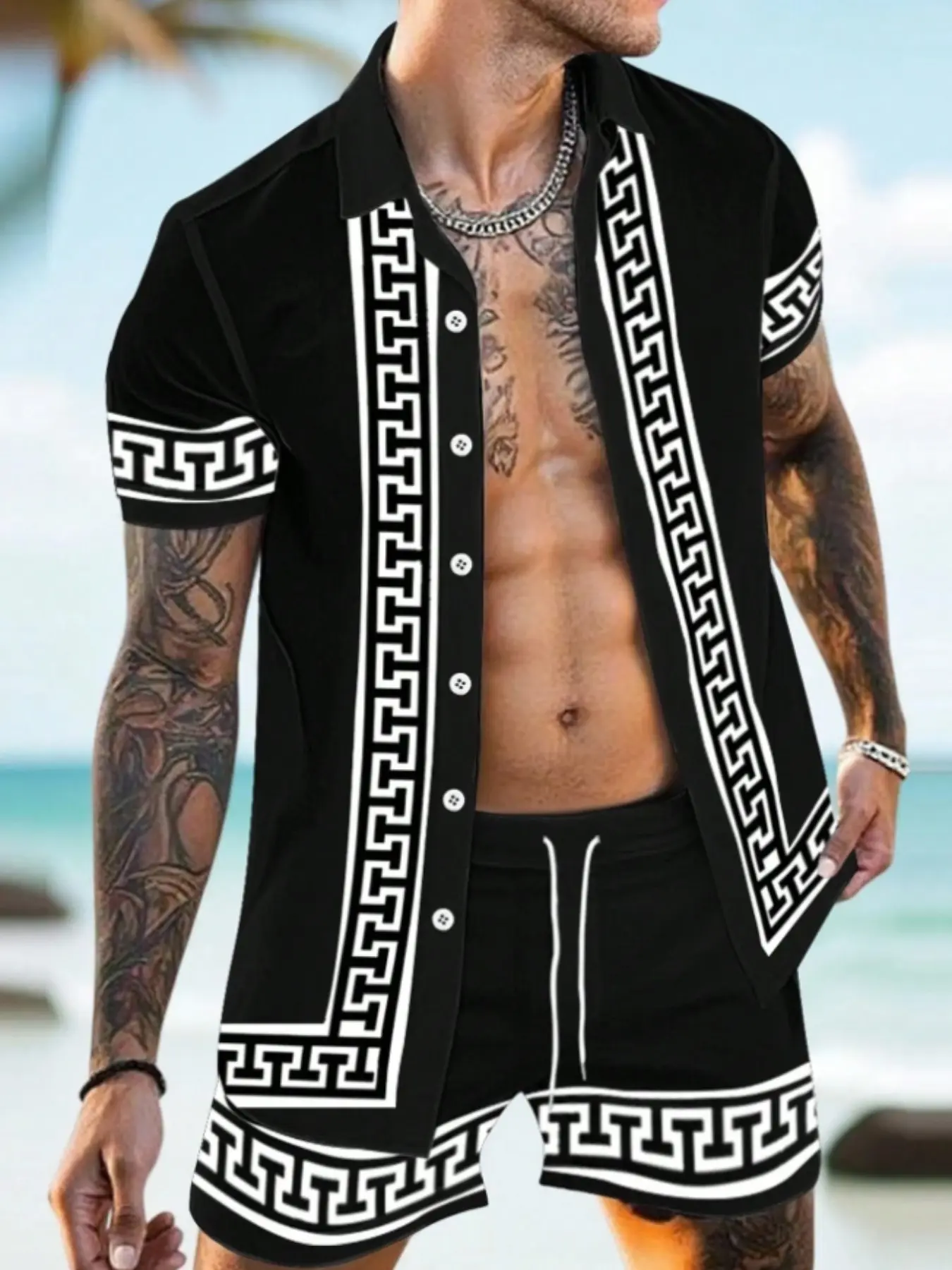 Manfinity RSRT 2pcs Men's Summer Vacation Tropical Casual Style Set Matching Print Short Sleeve Shirt & Shorts Set