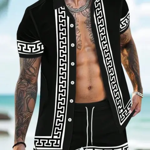 Manfinity RSRT 2pcs Men's Summer Vacation Tropical Casual Style Set Matching Print Short Sleeve Shirt & Shorts Set