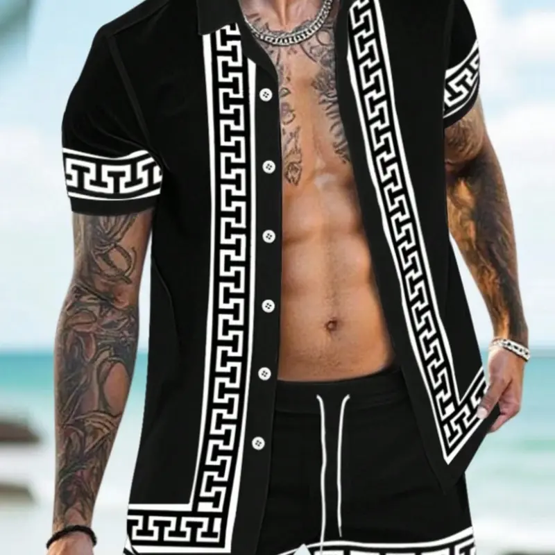 Manfinity RSRT 2pcs Men's Summer Vacation Tropical Casual Style Set Matching Print Short Sleeve Shirt & Shorts Set