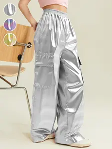 Girls' Trendy Silver Color Glossy Cargo Wide Leg Pants, High Waist Elastic Waist Loose Straight Long Pants, Multiple Pockets Street Style