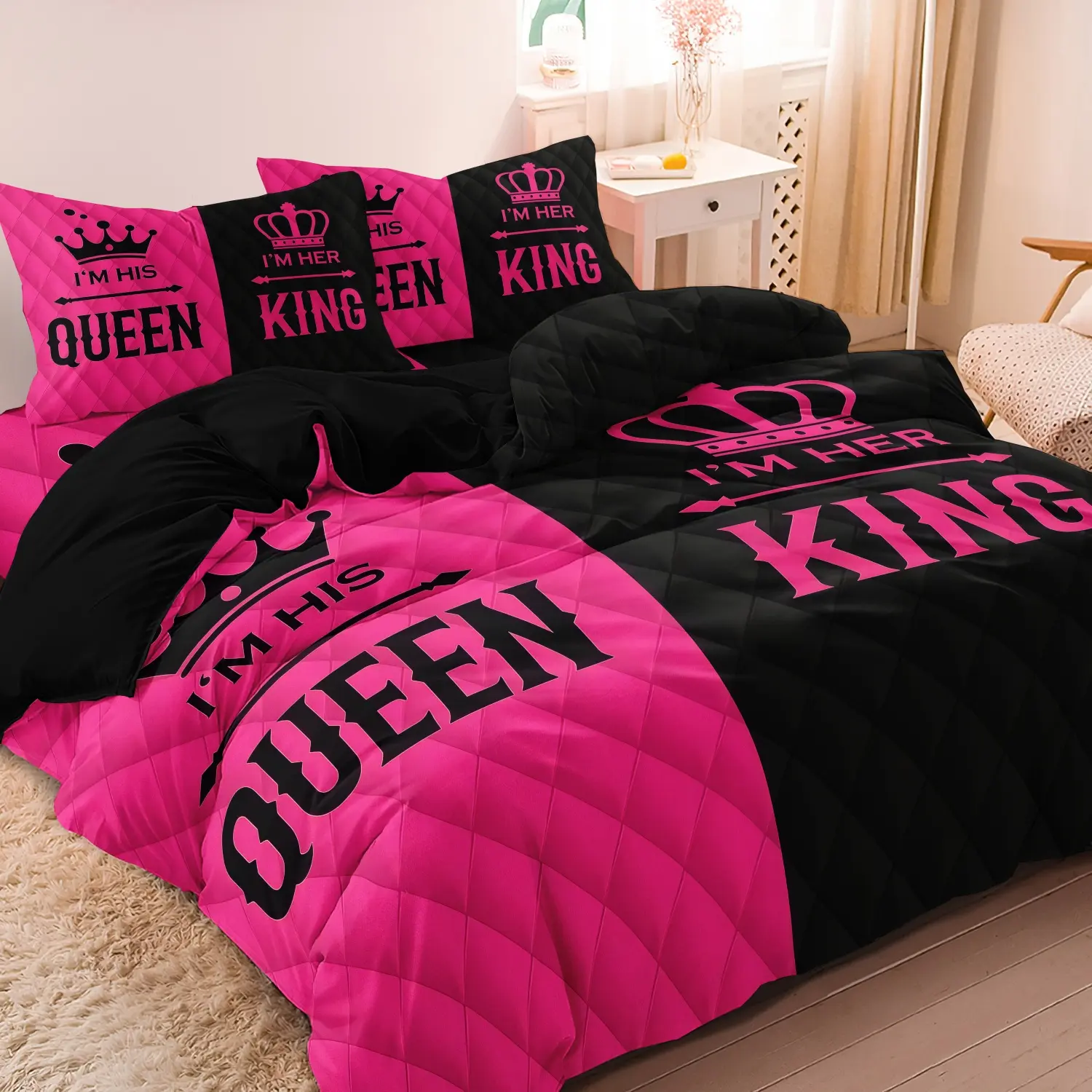 3pcs Couple's Duvet Cover Set, King and Queen Theme Bedding Set, 1 Duvet Cover and 2 Pillowcases (No Inserts), All-Season Home Bedroom Romantic Crown Design, Pink and Black Contrast