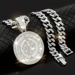 Men's Hip Hop Jewelry, Round Libra Lucky Pendant with 19.69inch Cuban Chain, Zinc Alloy, Rhinestone Mosaic, Non-Magnetic, White, Hip Hop Pendant Letter Necklace