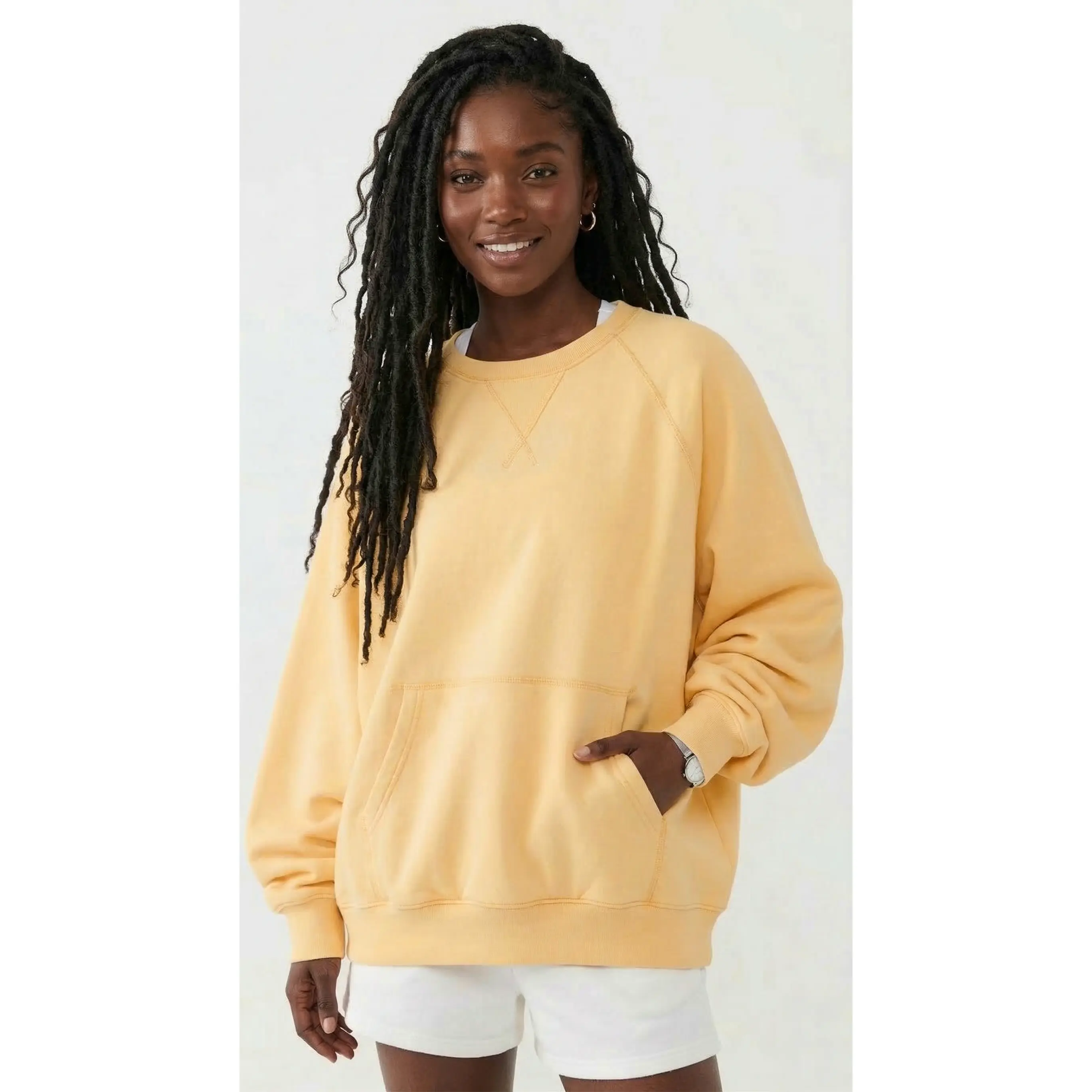 Women's Butter Yellow Oversized Long-Sleeve Cotton Raglan Hoodie Pullover - Ribbed, Stitch-Detailed, Chunky, Casual, Minimalist, Sun-Protective, Polyester-Blend, Golden Accent, Flattering Fit Slip-Ready Top Ideal for Tennis