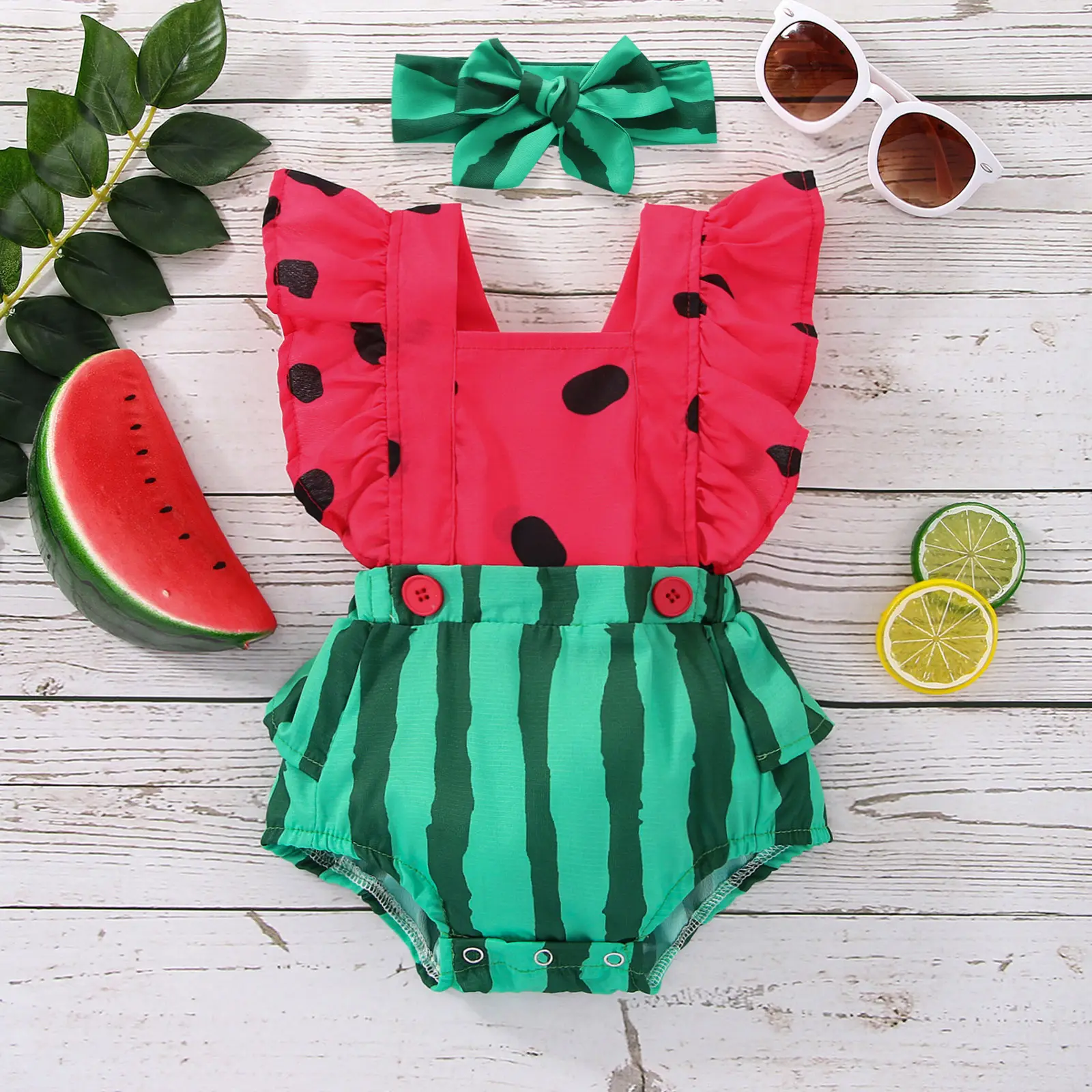 Newborn Baby Girls Romper Watermelon Print Sleeveless Bodysuit With Headband Summer Clothes 2PCS Outfit