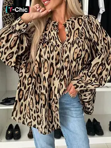 Women's leopard print V-neck pullover shirts, breasted puffy long-sleeved shirts, women's casual loose and commuting out-of-home clothing