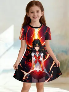 Girls' 3D Short Sleeve Dress, Sailor Moon Mars Fire Lady Full Print, Perfect for Parties, Festive Gifts, Birthday Presents