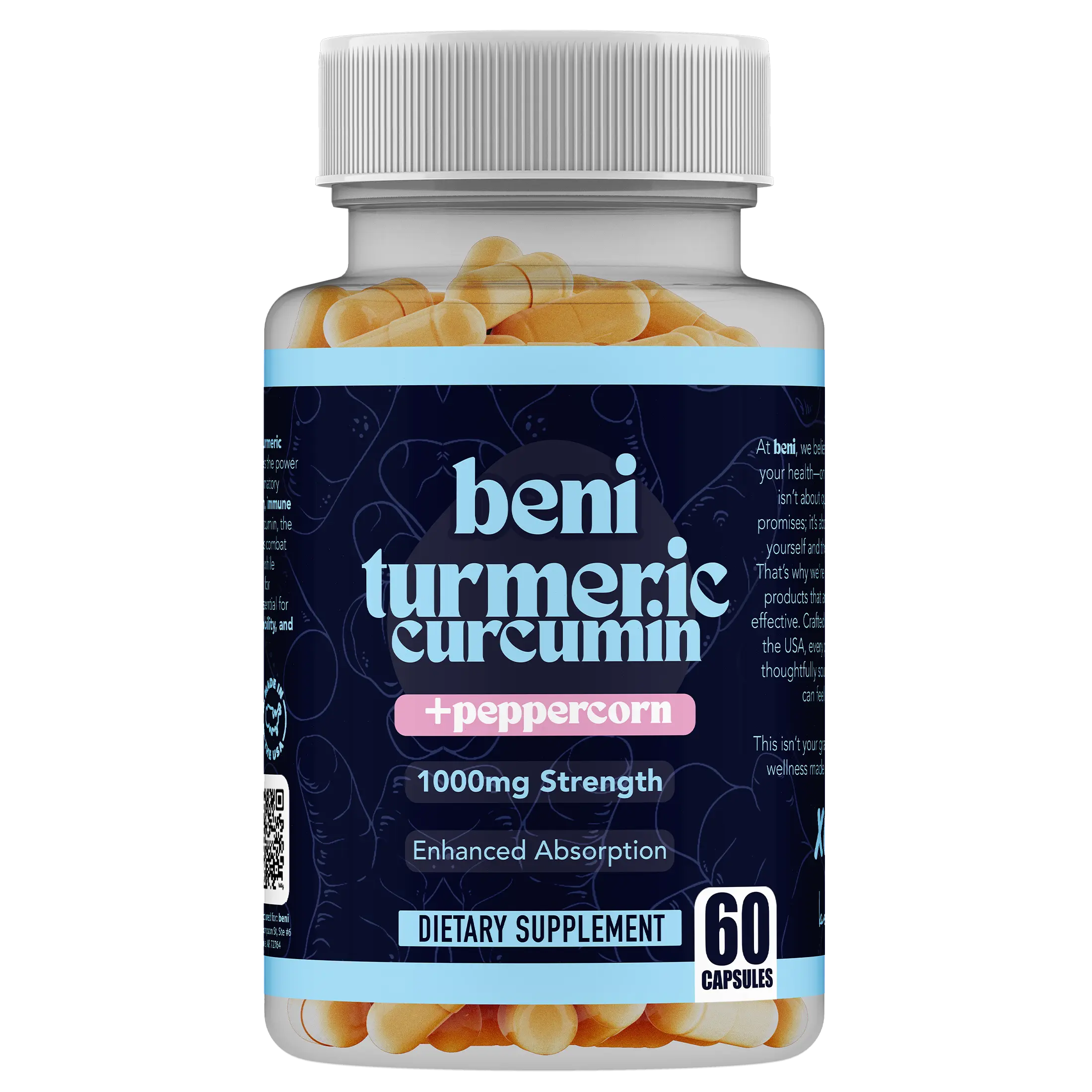 Organic Turmeric Curcumin Capsules 1000mg – 60 Count High-Absorption with Black Pepper, Vegan, Non-GMO, Made in USA, beni, bioperine, black peppercorn, turmeric root, inflammation