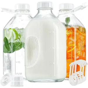 3 Pack 2 Qt Glass Milk Bottles with Airtight Reusable SCREW LID - 64 Oz Glass Juice Bottles, 1/2 Gal Glass Water Bottles, Glass Milk Jug Pitcher with Scales, Extra Lids & Handles
