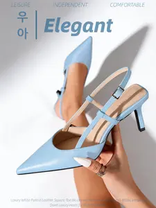 New Spring Summer Women's Light Blue Soft Leather Pointed Toe Slingback Heeled Sandals, Adjustable Metal Buckle Ankle Strap Stiletto Heels, Clean Fit Quiet Luxury Elegant High Heels, Footwear