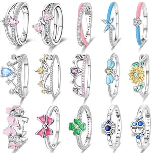 Original 925 Sterling Silver Pink Heart-shaped Crown Rings Sparking Zirconium Sunflower Rings Unique Anniversary Jewelry Gifts