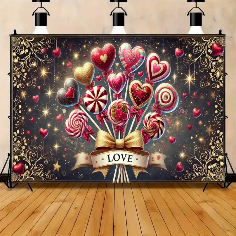 Valentine's Day Sweet Love Banner, Heart Lollipop Pattern, Multi-Purpose Party Backdrop, Wedding Birthday Anniversary Room Decor