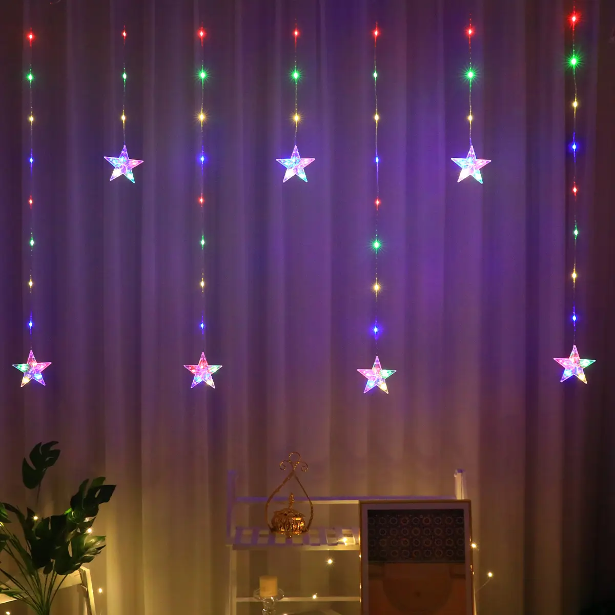 Star Curtain Light Home Bedroom Background Wall Hanging Lamp, Holiday Atmosphere Indoor String Decoration, Ramadan Valentine's Day Decor, Led Atmosphere Lights