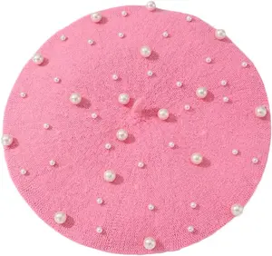 Women Girls Beaded Pearl Rhinestone Wool French Beret Hat Winter Artist Painter Hats Beanie Cap