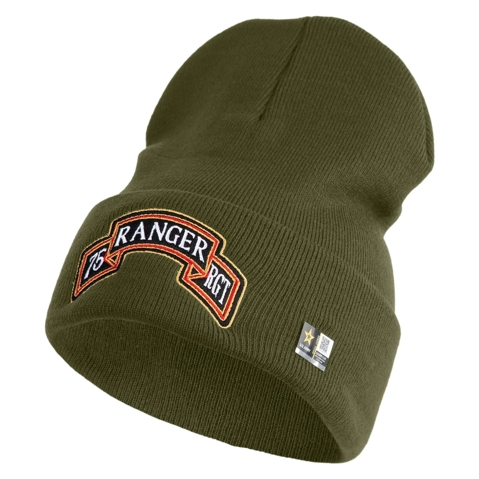 U.S. Army 75th Ranger Regiment Logo Embroidered 12 Inch Solid Knit Cuff Long Beanie Made in USA