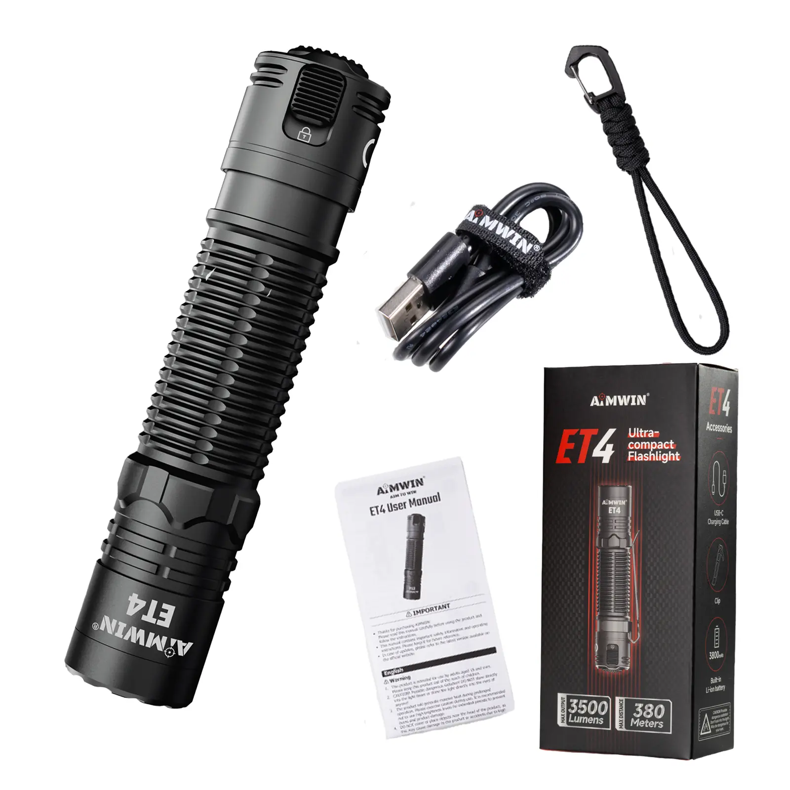 AIMWIN ET4 3500 Lumens Ultra Compact EDC Tactical Mini Flashlight, Secure Physical Lock,Strong Clip, USB-C Rechargeable, Search Capable, Tactical Accessories Compatible, Spot/Flood Beam, Outdoor Camping, Car Repair & Emergency use, for men's Gift