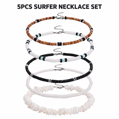 5PCS Surfer Necklace Set, White Puka Shell & Beach Beaded Necklaces for Men and Women, Trendy Summer Choker Jewelry