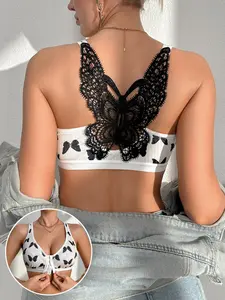 Women's Front Button Butterfly Print Comfortable Elegant Sexy No-Wire Soft Comfy Supportive Wireless Bra, Front Bralette, Ladies Underwear Lingerie with Stylish Design and Buckle, Perfect for Everyday Wear