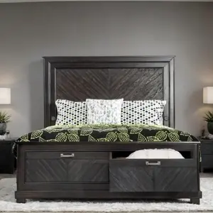 Florence Rustic Platform Storage Bed with V-Patterned Wood Design, Tall Headboard, Footboard Drawers, and USB Charging Port