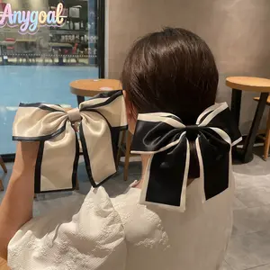 Anygoal Women's 2-Piece Silky Satin Large Bow Scrunchie Set, Sweet Contrast Binding Design Hair Tie, Oversized Long Tail White Hair Bow Black Hair Bow, Soft Elastic Hair Bows for Daily Wear, Casual Outfits and Party Hairstyles,Pretty Bow, Hair Bows,Cute