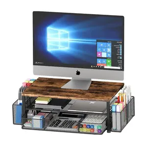 Desk Organizers and Accessories, 2-Tier Computer Monitor Stand for Desk Organizer with Drawer and 2 Pen Holders, Office Desk Accessories Workspace Desktop Organizers for Office Supplies, Wooden